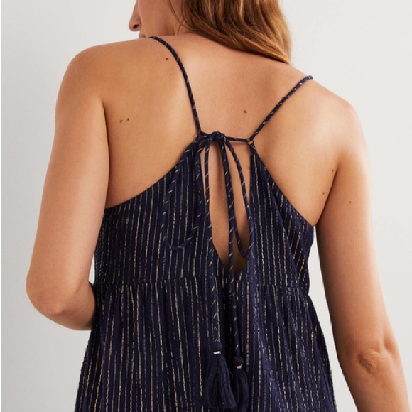 Boden Tiered Maxi Dress Coverup Navy Blue/Gold Lurex Stripe Boho Preppy Sz 6P - Picture 3 of 11